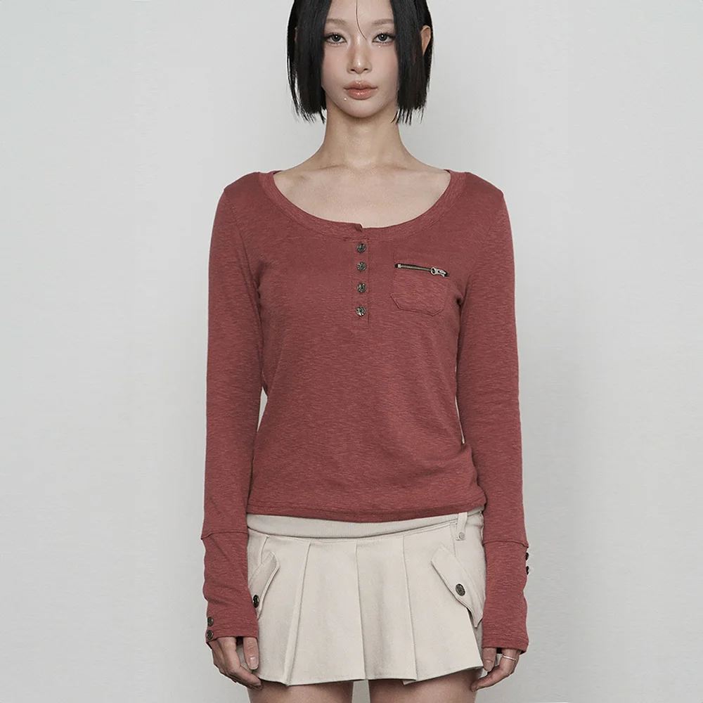 Henley neck Button Pocket Long sleeve (WHINE)