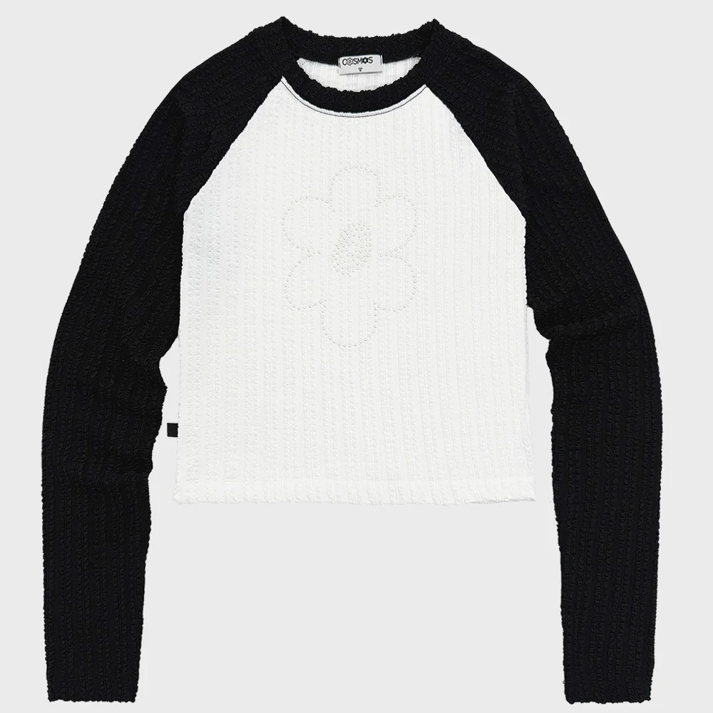 波浪 珍珠 Hot Piece 蕾絲 羅紋 插肩袖 T恤_白色