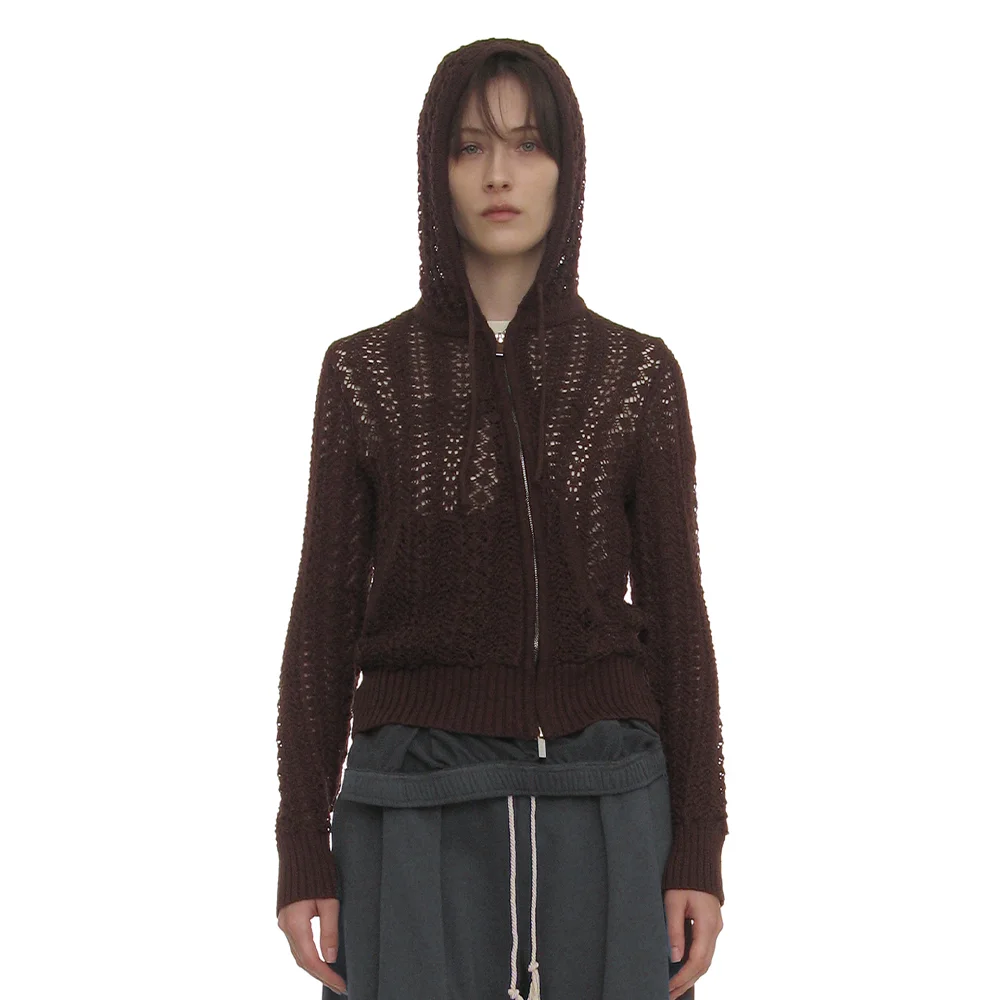 OPENWORK ASYMMETRIC ZIP-UP HOODIE KNIT_BROWN