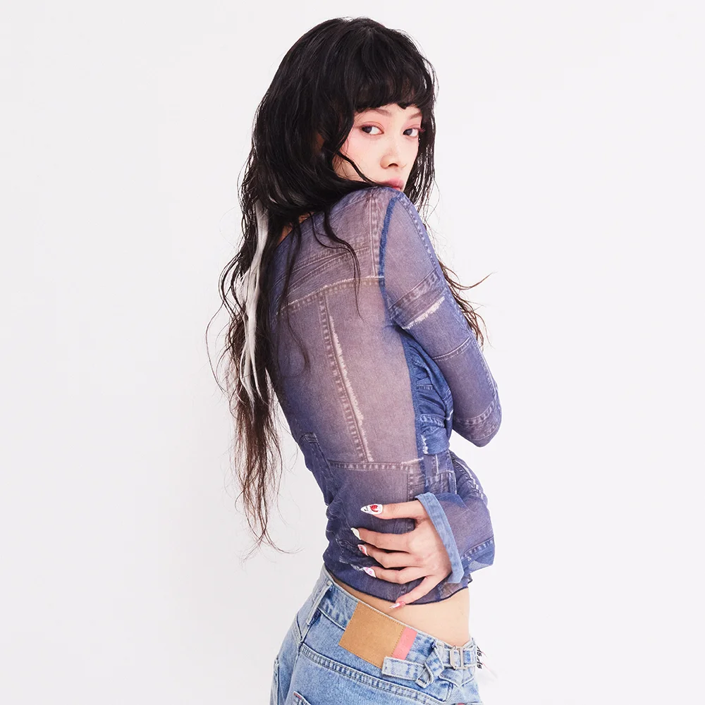 CROSS WRAP PRINT LONG SLEEVE T-SHIRT DENIM BLUE