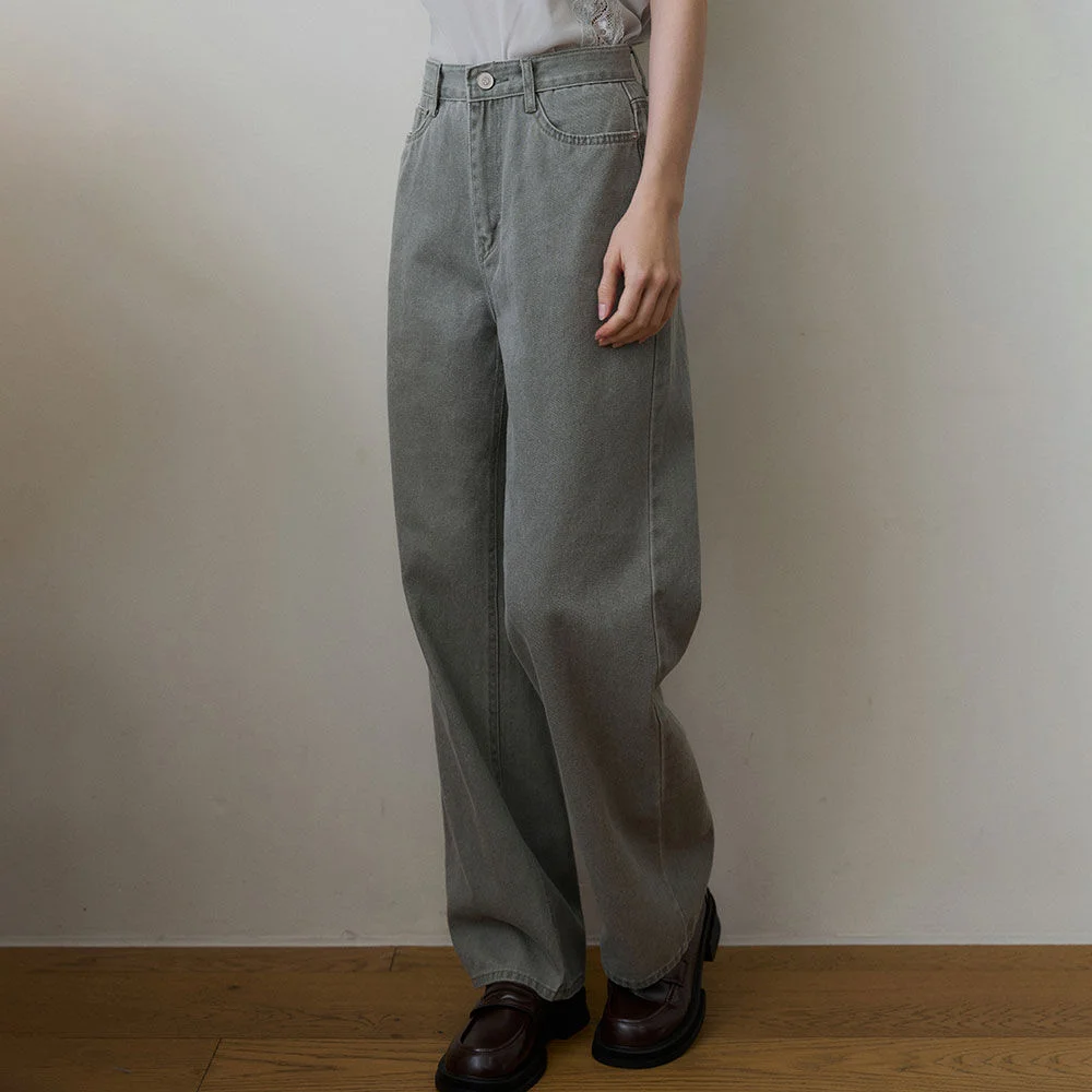ELVA GARMENT WASHED STRAIGHT COTTON PANTS_KHAKI