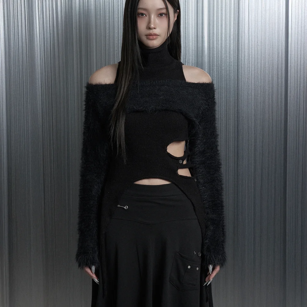 Cut-Out Halter Bolero Layered Knit Top Set (Black)