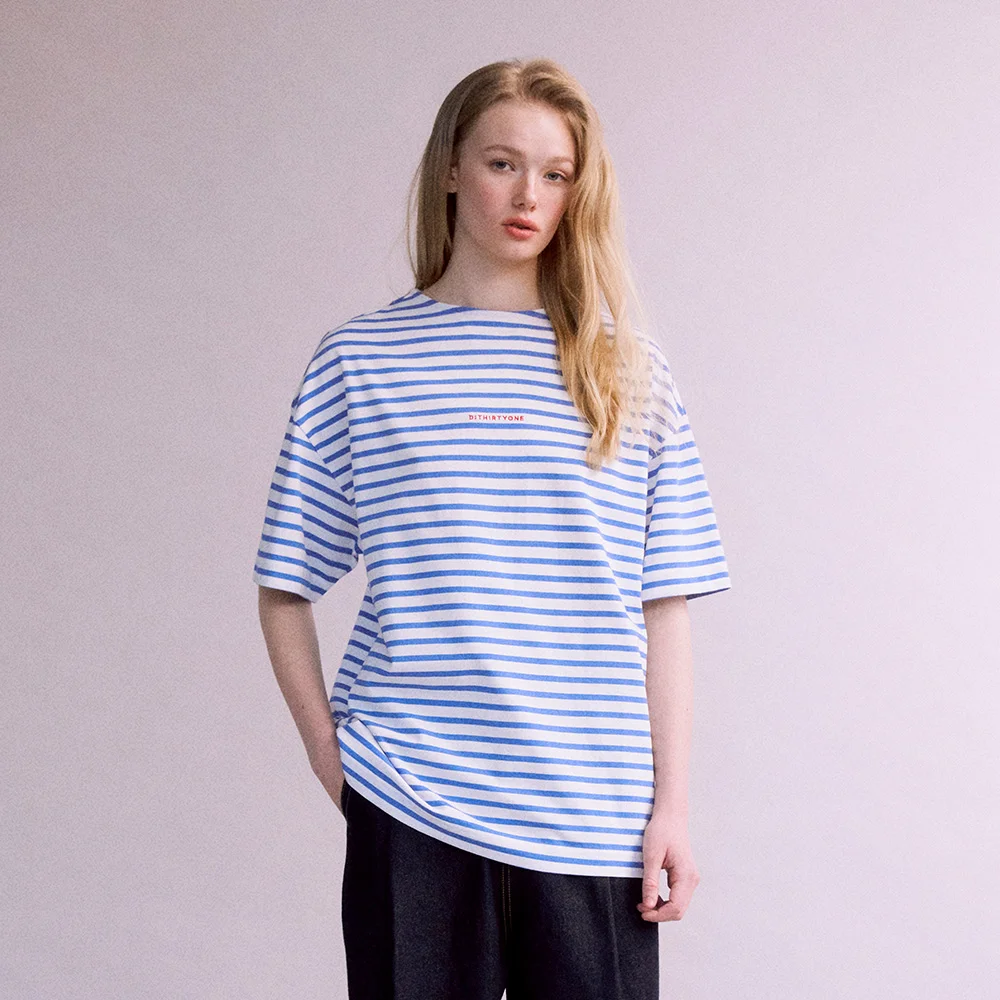 Pinstripe Embroidered T-shirt (OCEAN BLUE)