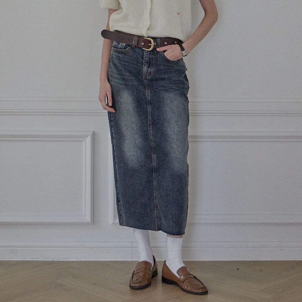 WREN CARGO POCKET DENIM LONG SKIRT_3COLORS_GRAY BLUE