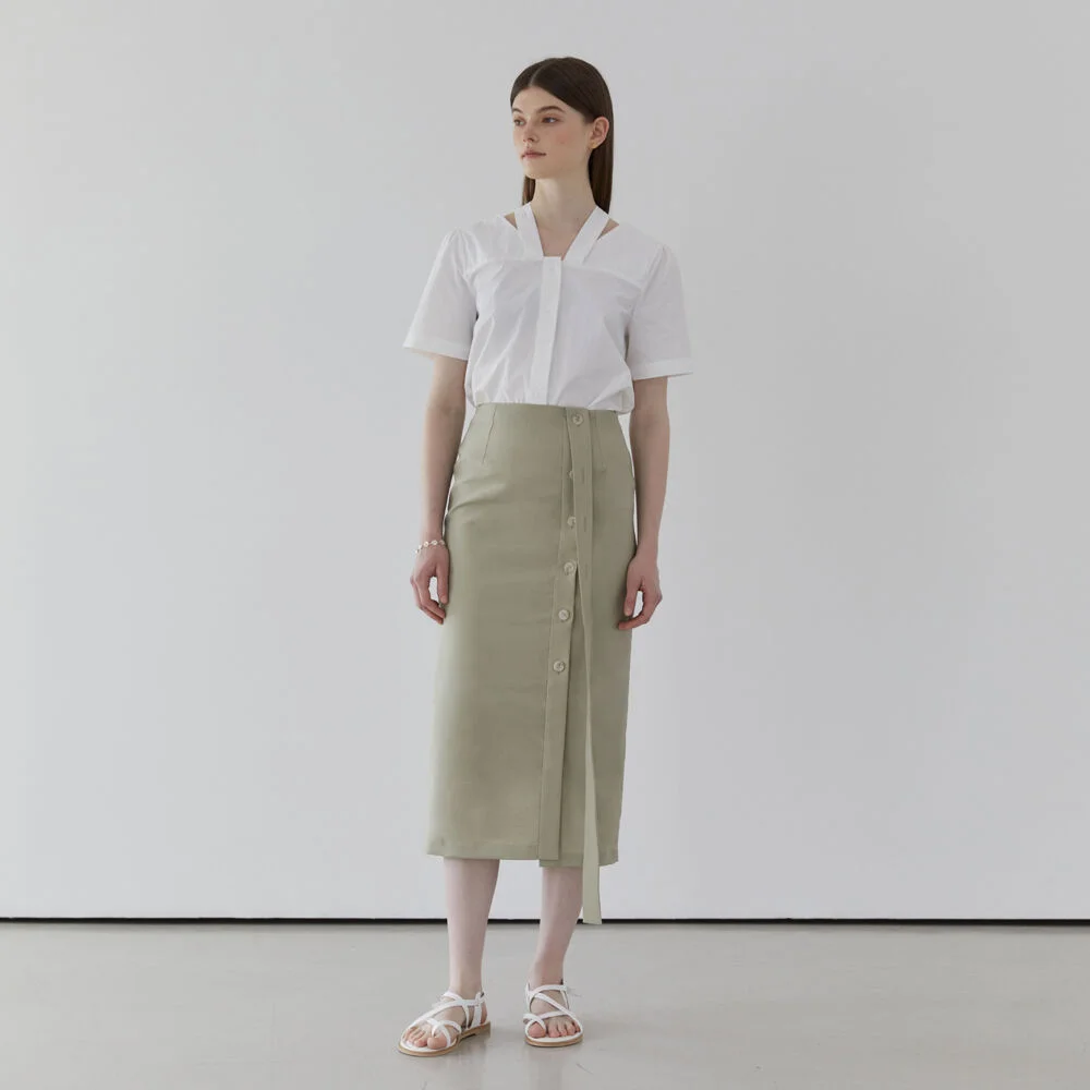 BELT POINT SUMMER WOOL SKIRT - GREEN