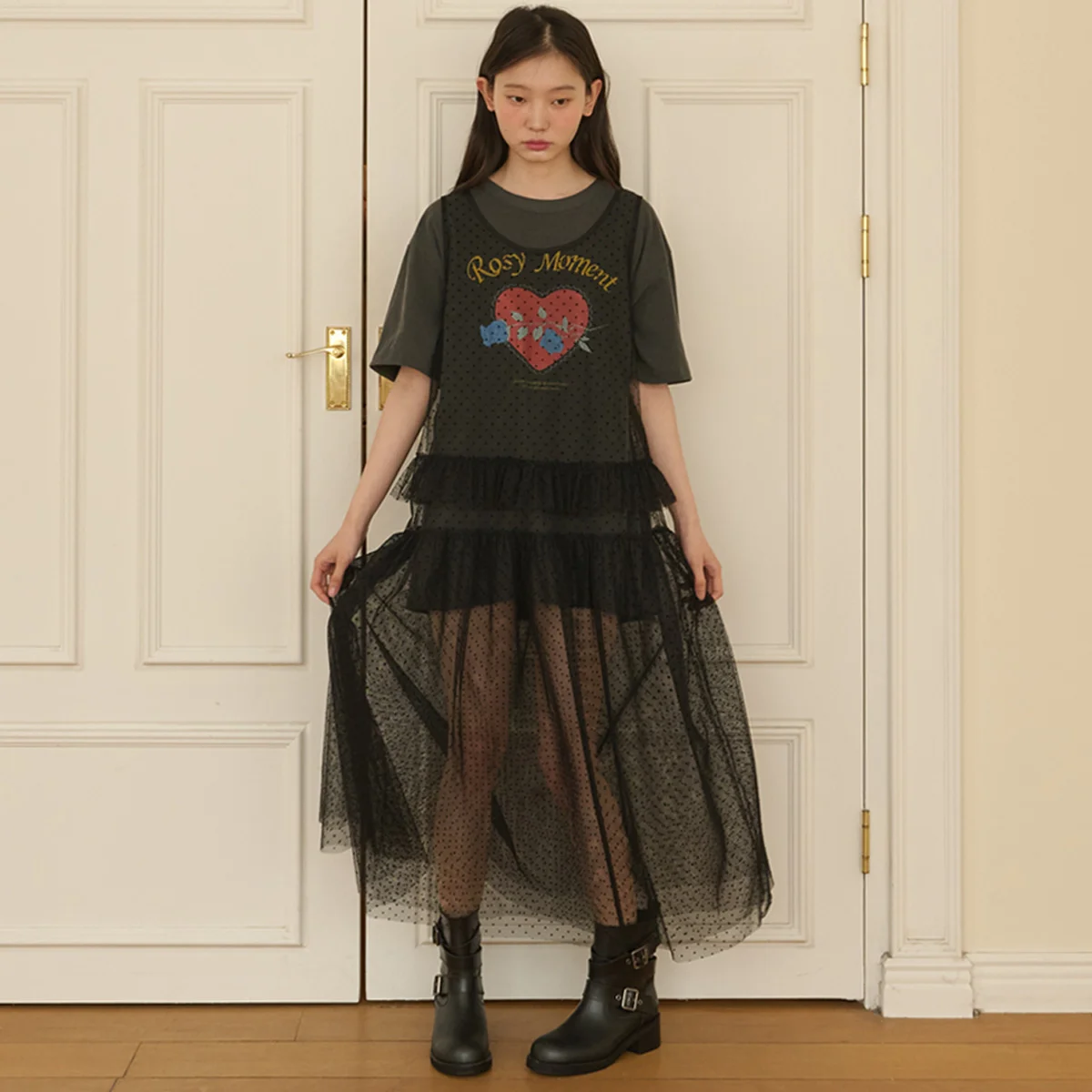 Dot See-through Long Layered Mash Dress_Black