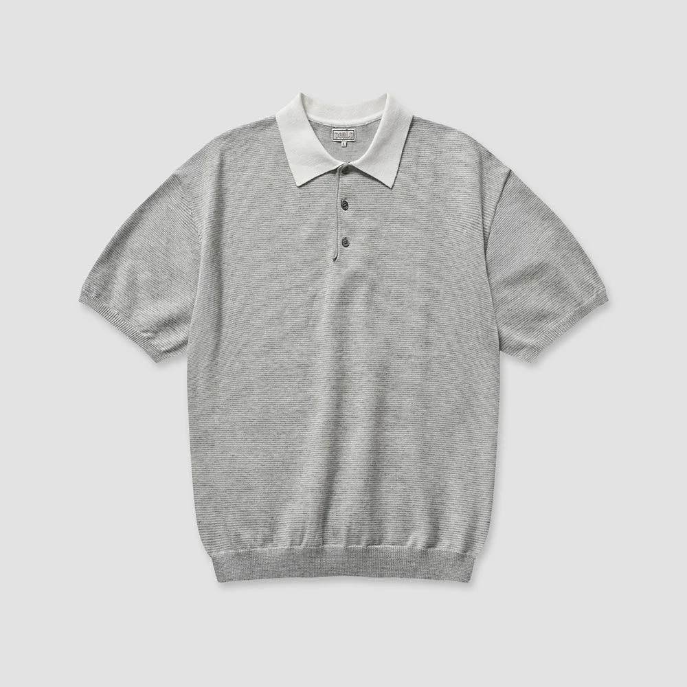 Half-Open Collar Short-Sleeved Stripe Knit (Gray)