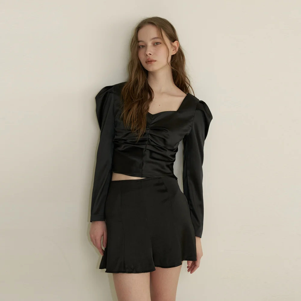 satin puff shirring blouse - black