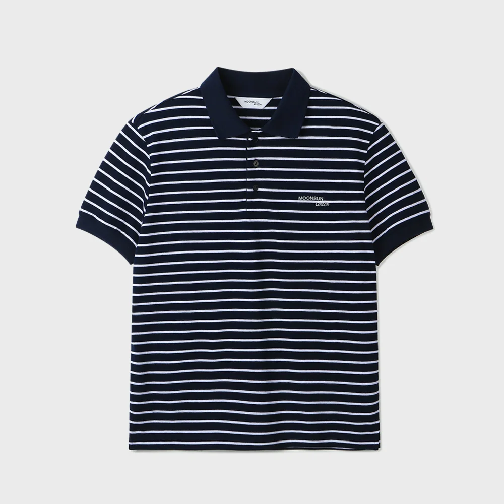 01 M.C UNISEX, Stripe PK Half Shirt / Navy