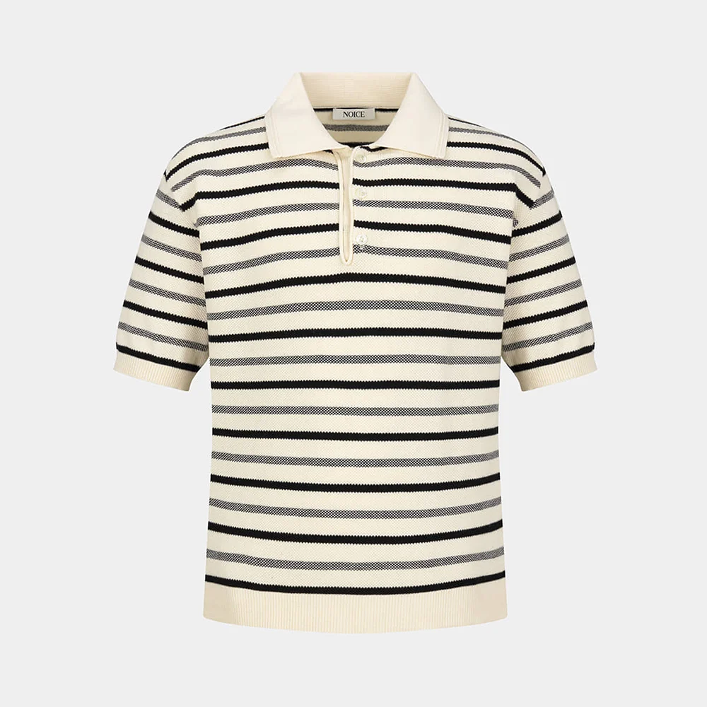 COTTON STRIPED KNIT POLO SHIRT - OATMEAL