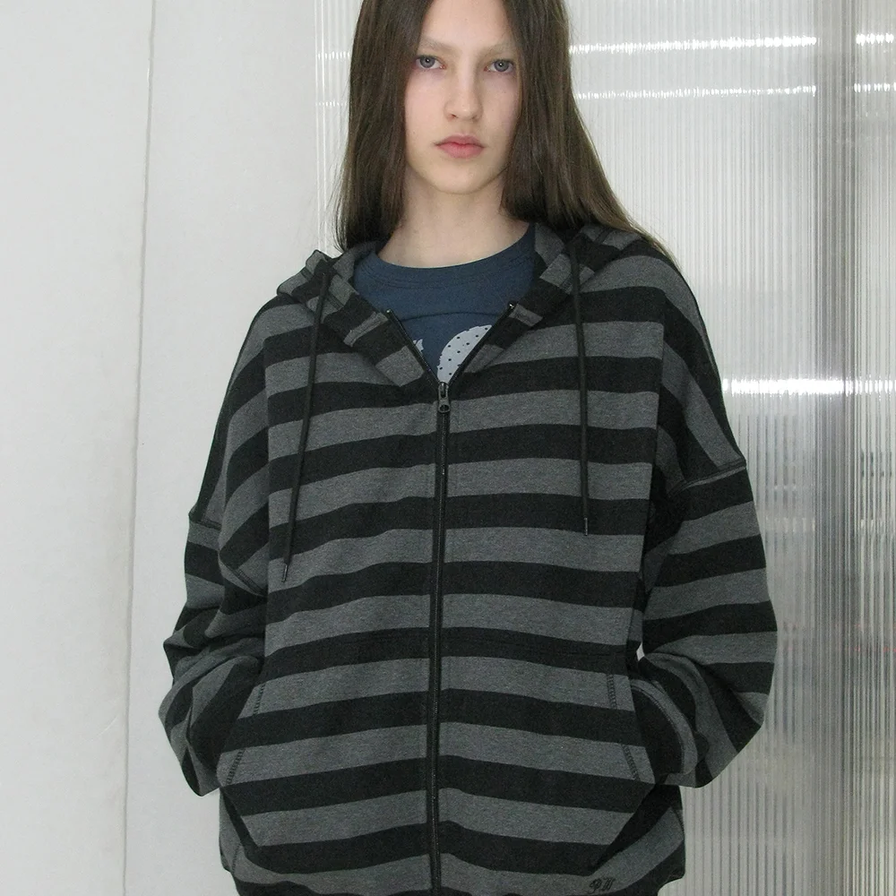 STRIPE COCOON HOODIE ZIP-UP_BLACK