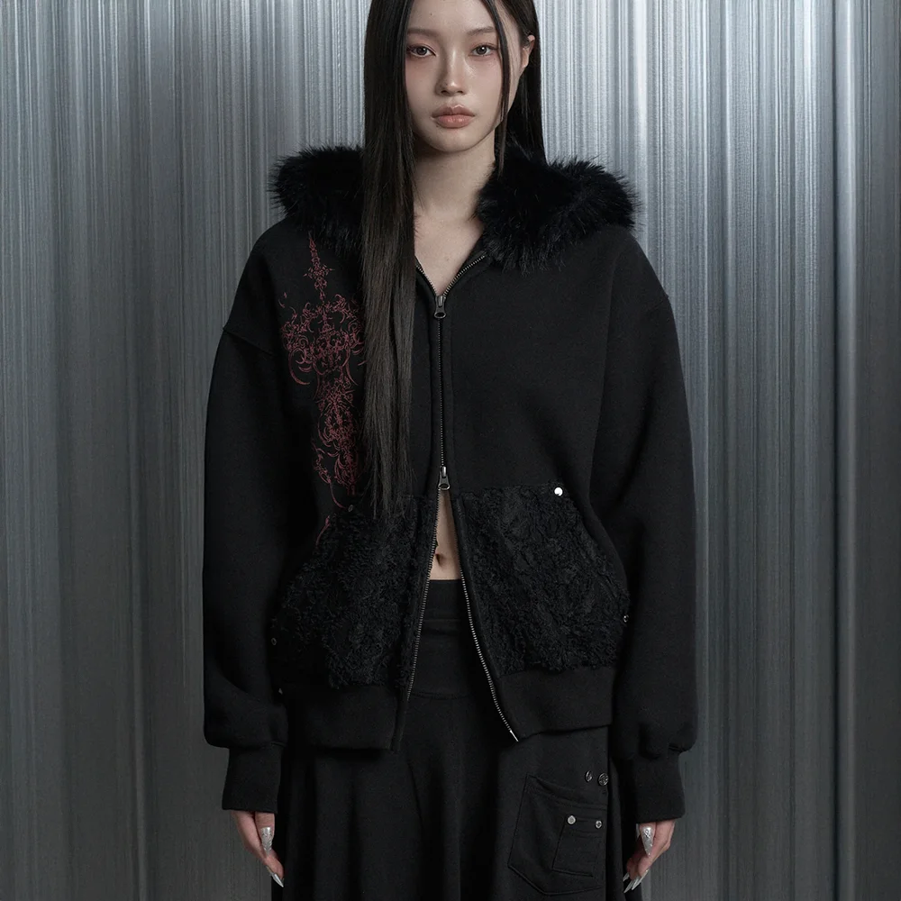 Printing Lace Soft Fur Hood Zip-Up (Black)