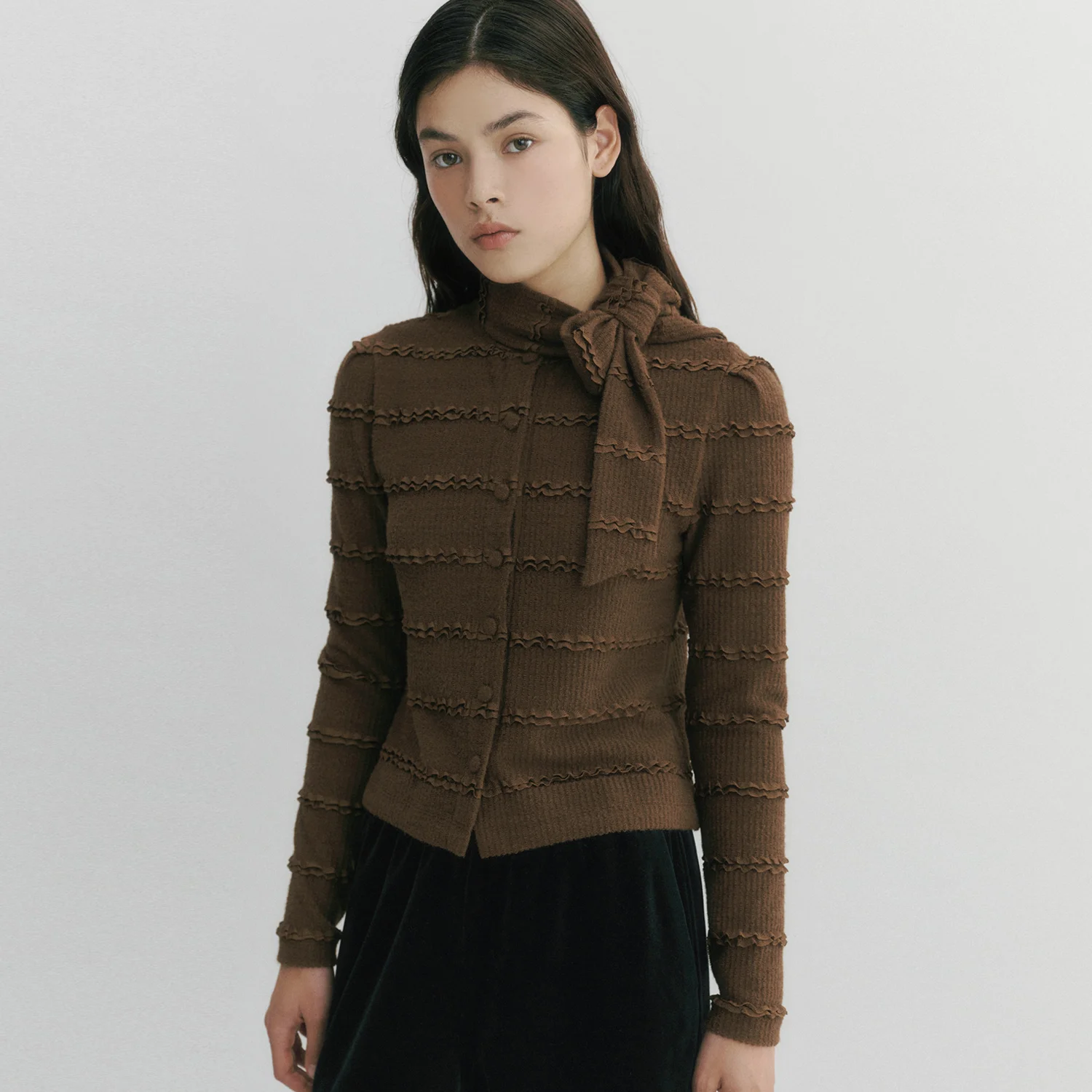 Wing Lace Tie-deco Jersey Cardigan BROWN