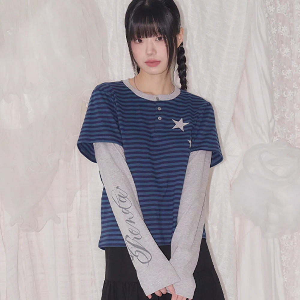 STRIPE LAYERED HENRY NECK LONG SLEEVE DEEP BLUE