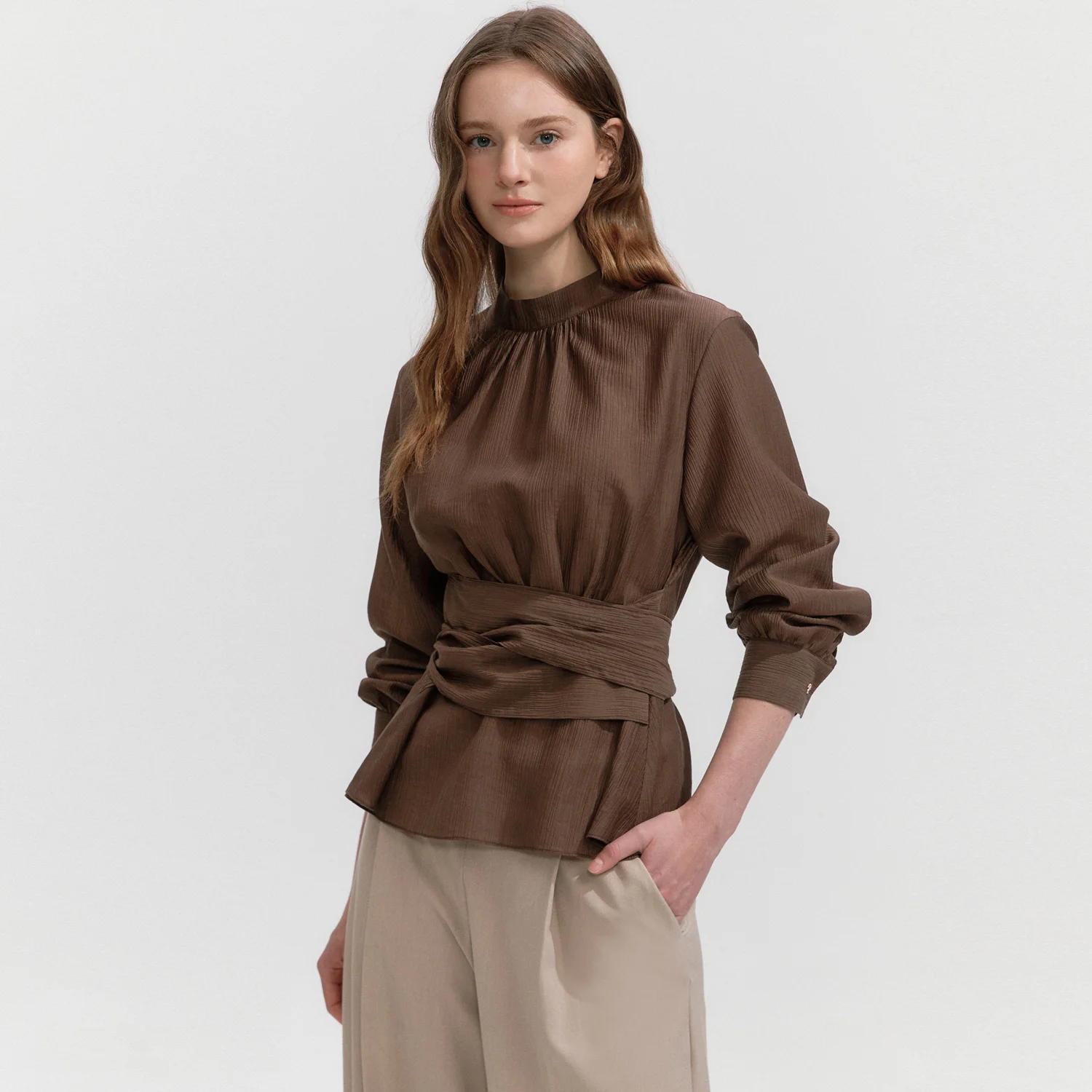 Waist Tie-Wrap Shirring Blouse BROWN