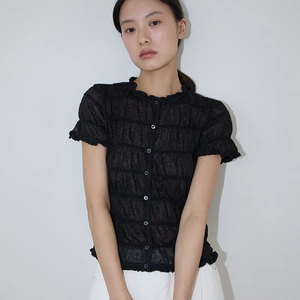 少女風 層疊 抽褶 開襟外套_black