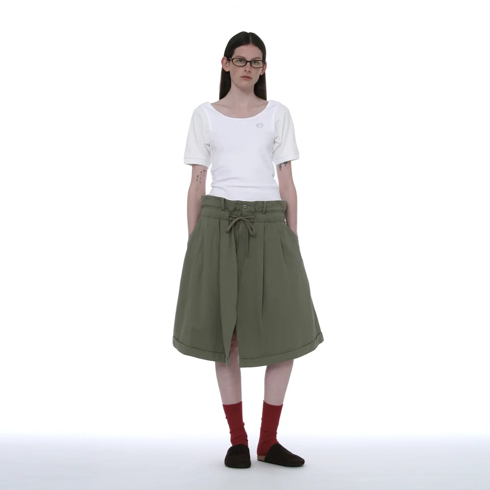 FOLD-OVER WAIST MIDI SKIRT_KHAKI GREEN