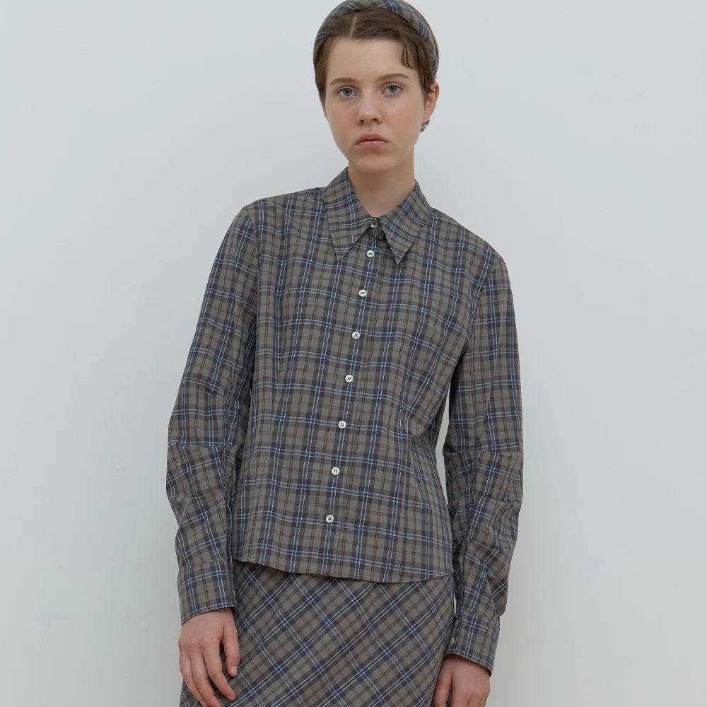 CHECK PIN-TUCK SHIRT_KHAKI GREY