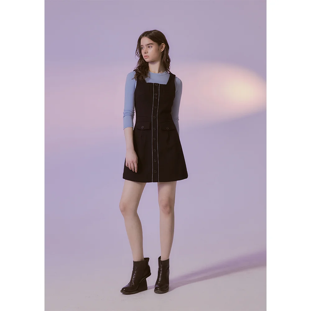 Wool Squared Neck Bustier Dress_Black
