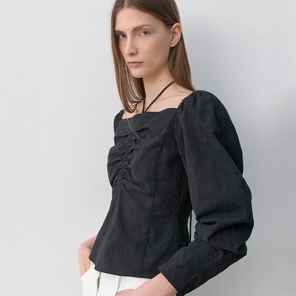 NECK STRING SHIRRING BLOUSE(BL-4292)_2Colors