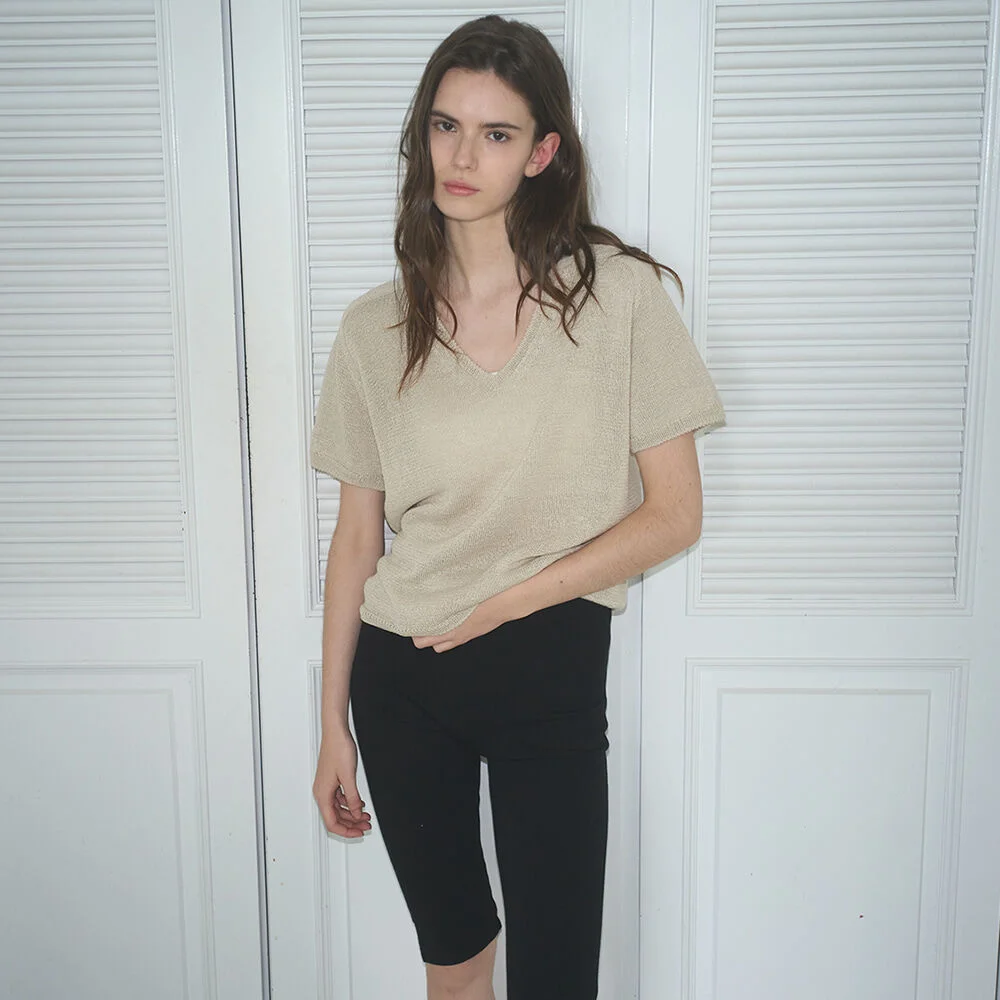 V-neck half paper knit _Beige