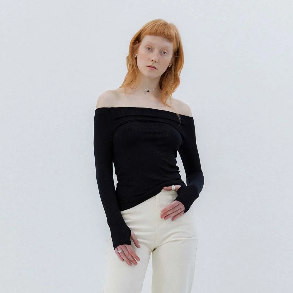 OFF SHOULDER BASIC T-SHIRTS - BLACK