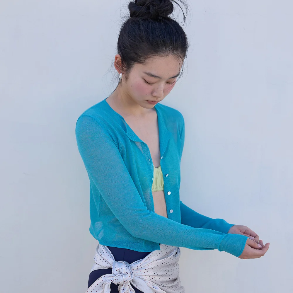Sheer Crop Knit Cardigan Teal blue