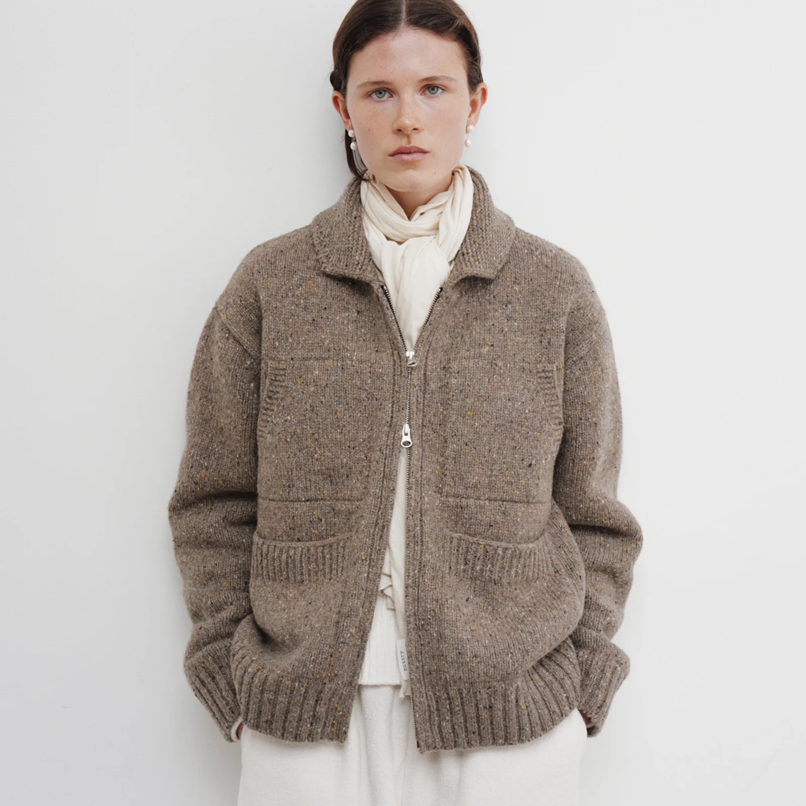 4pockets zip-up knit cardigan (Brown)