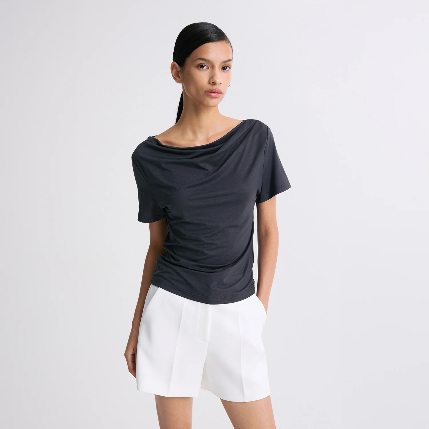DRAPED HALF-SLEEVE TOP CHARCOAL