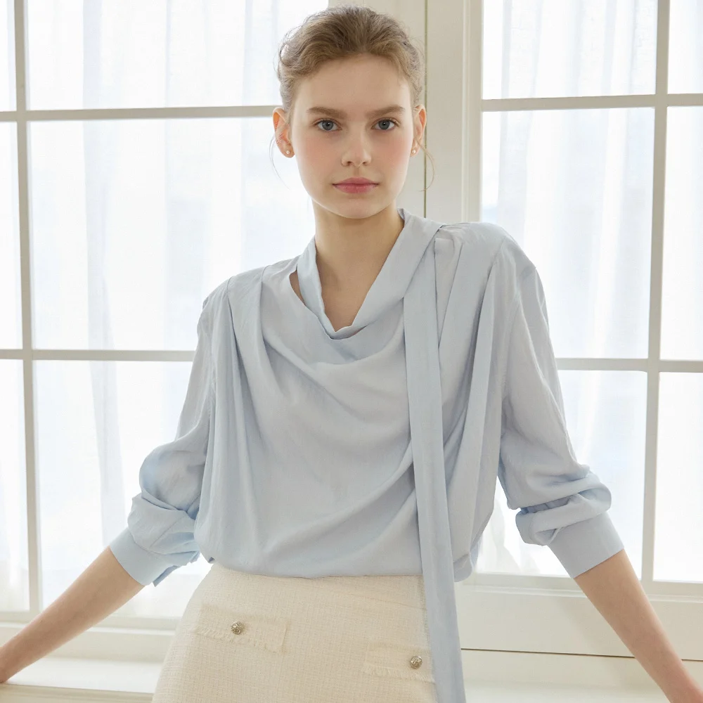 Draped Neck Tie Blouse - Light Blue
