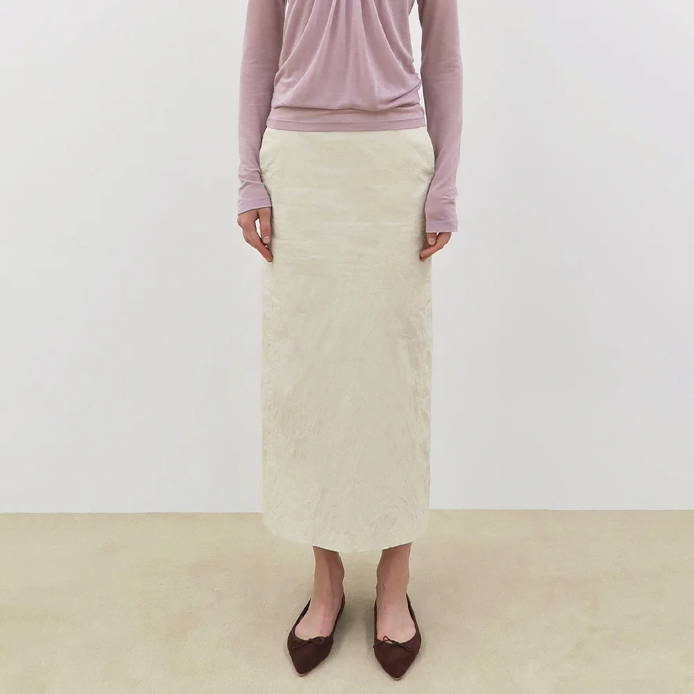 Wrinkle H-Line Skirt (Cream)