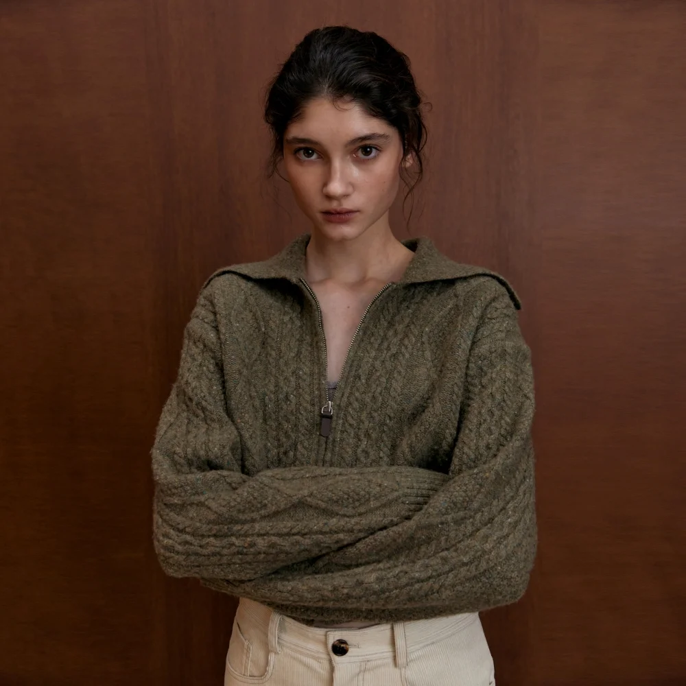 CABLE ZIP UP WOOL KNIT CARDIGAN OLIVE GREEN