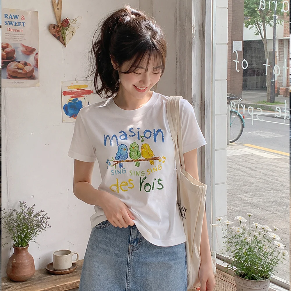 Maison Singing Bird 圖案女裝短袖T恤 (白色)