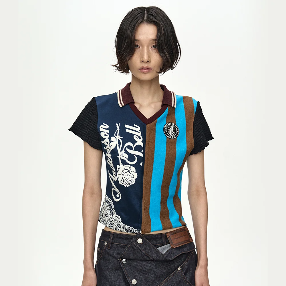 REWORKED FOOTBALL COLLAR TOP atb1558w(NAVY/BLUE)