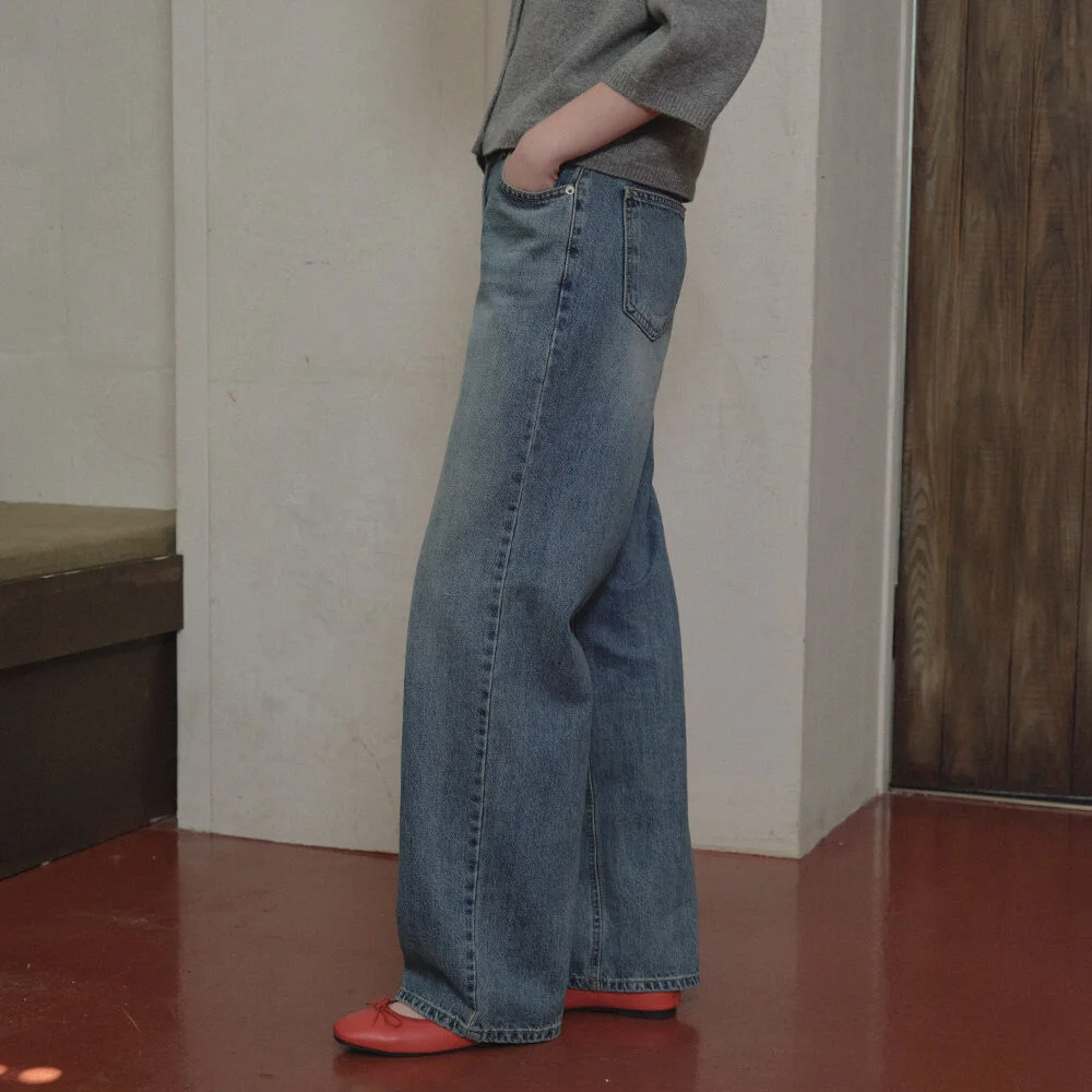 Brushed straight denim pants _Blue