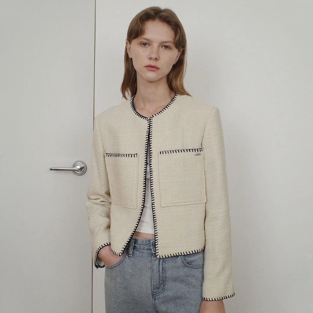 MELO STITCH POCKET TWEED JACKET - CREAM