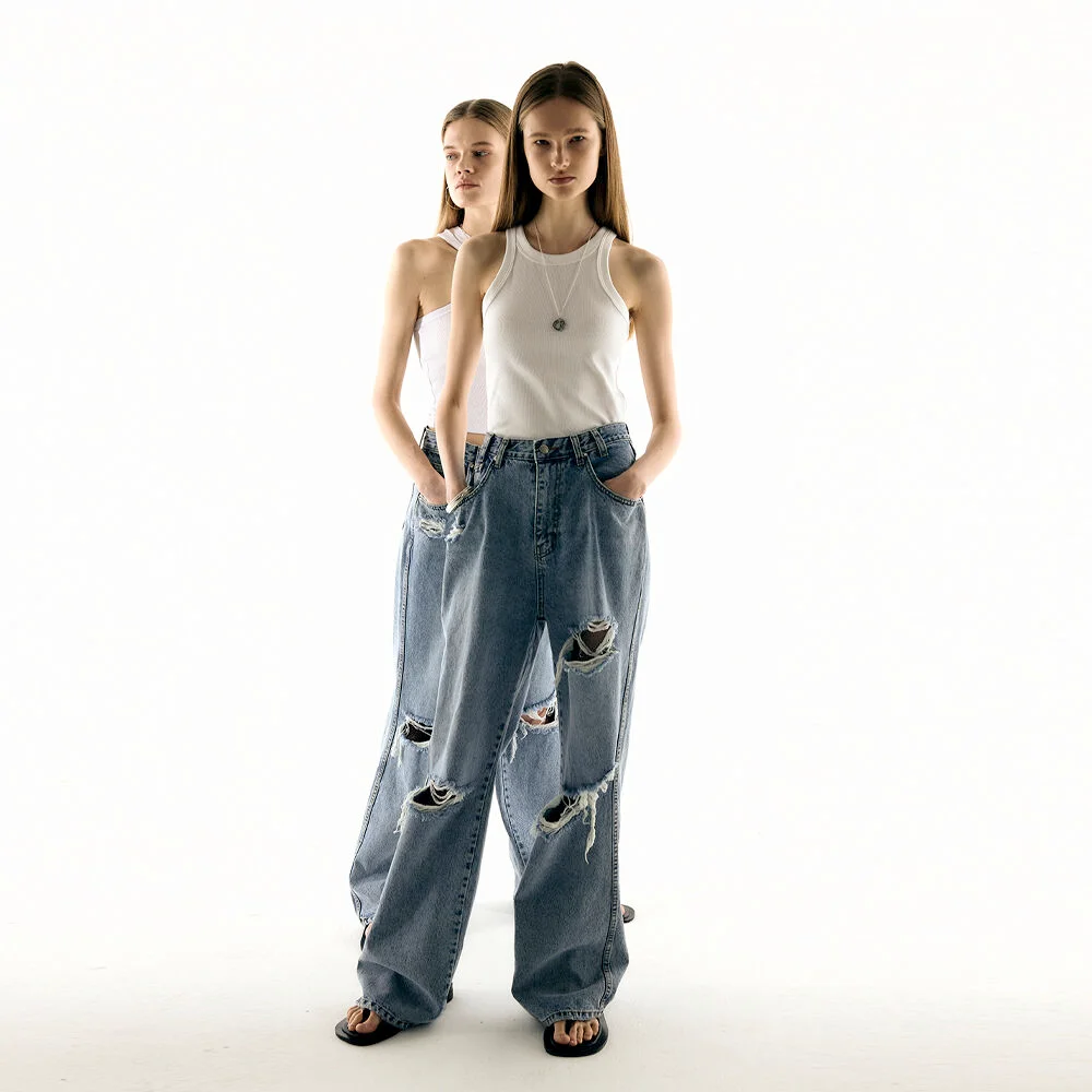 DISTRESSED WIDE LEG JEANS KS