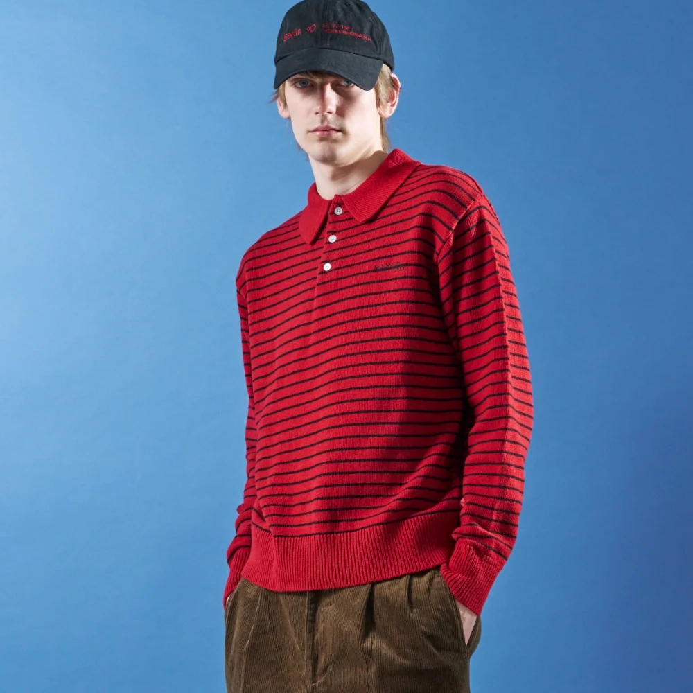 02 M.C UNISEX, Stripe Wool Collar Knit / Deep Red