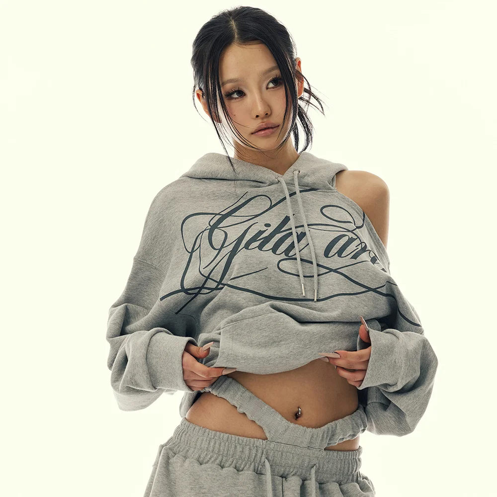 SCRIPT LETTERING ONE SHOULDER HOODED_GREY