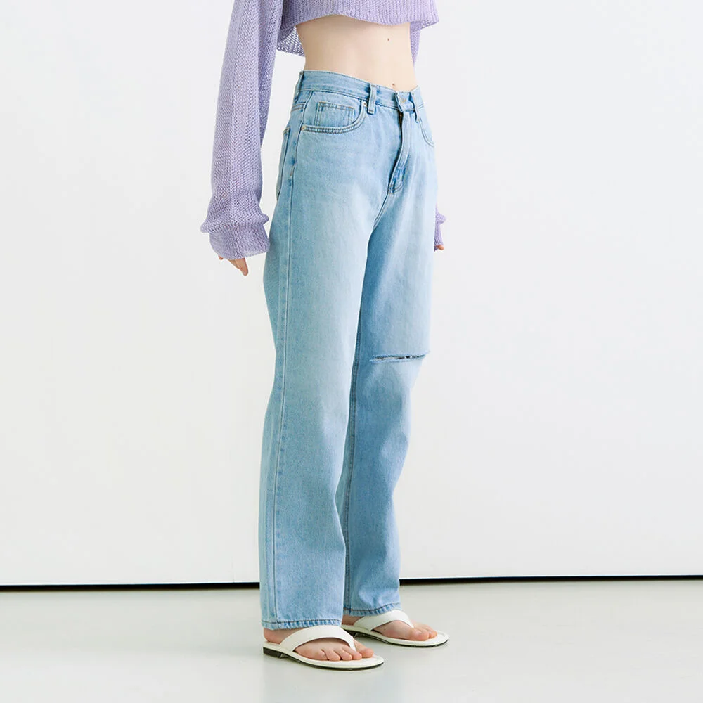 Scratch damage denim pants - blue