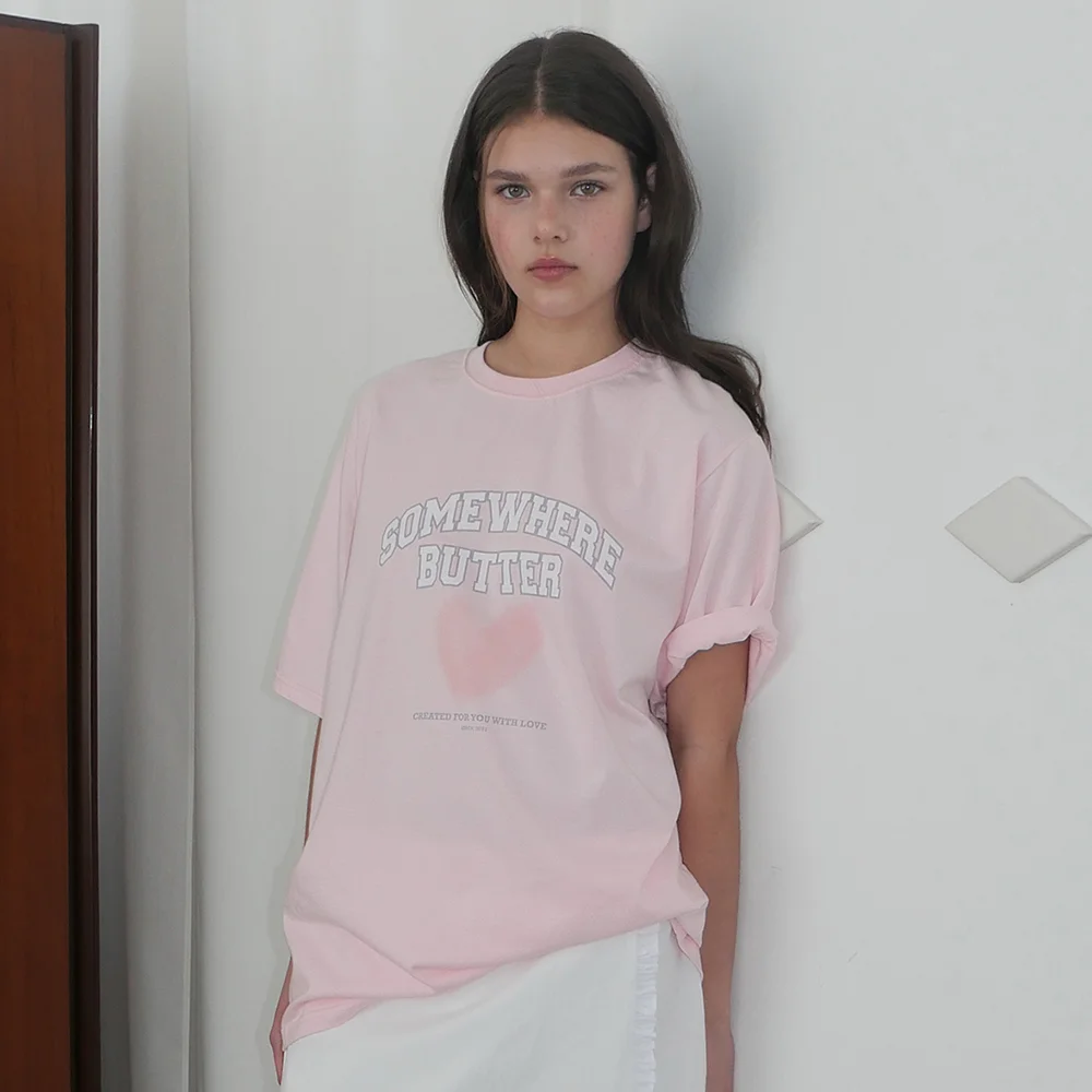 Fuzzy Heart Logo Over-Fit Top - Light Pink