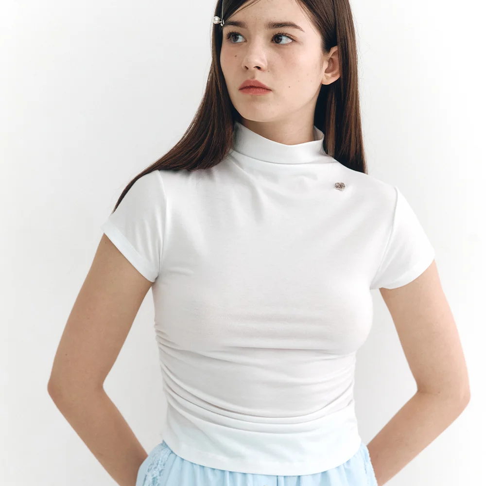 Half Neck Logo Shirring Top White