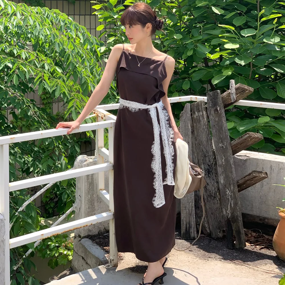 Ruffle slip long dress - brown