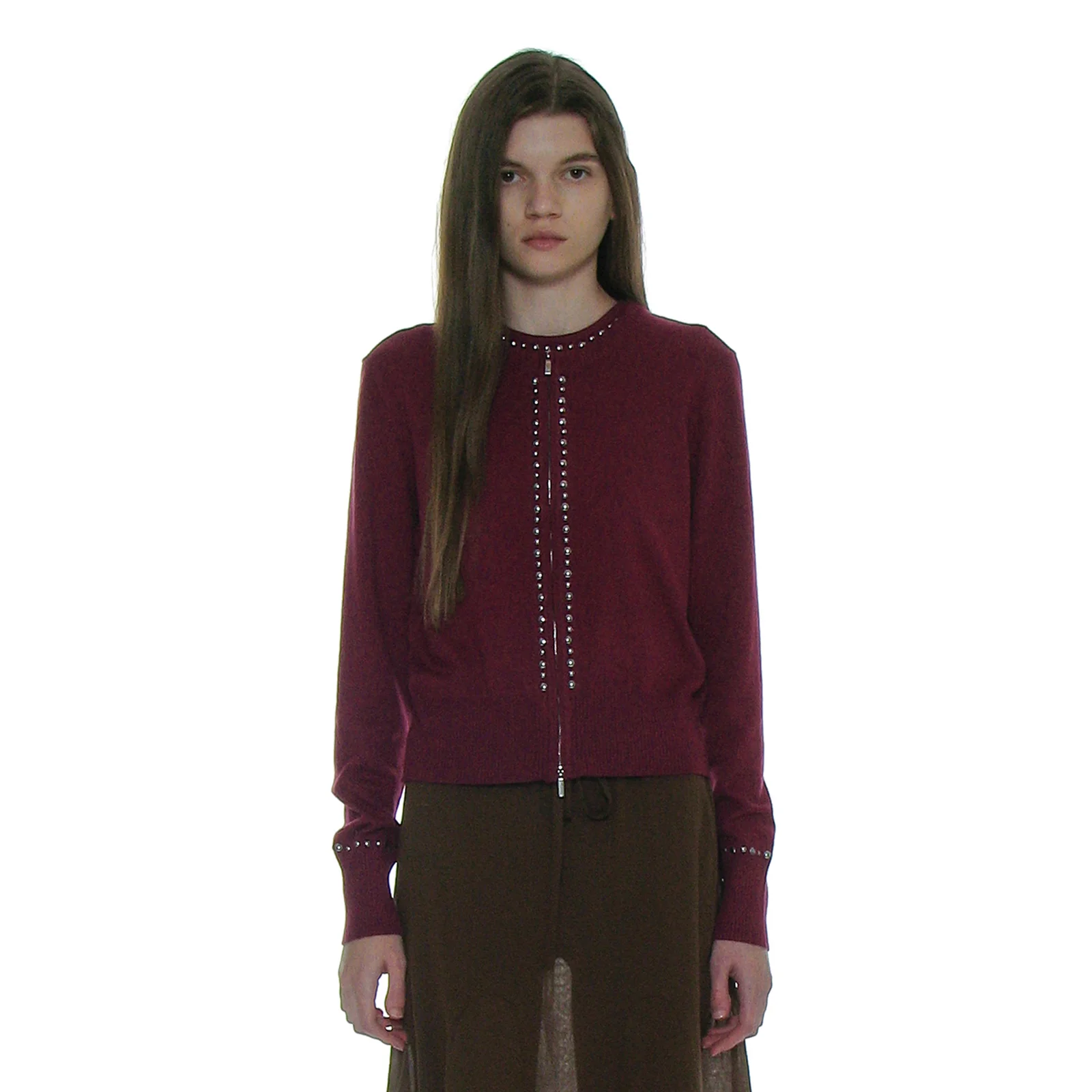 STUDDED ZIP-UP KNIT CARDIGAN_PLUM