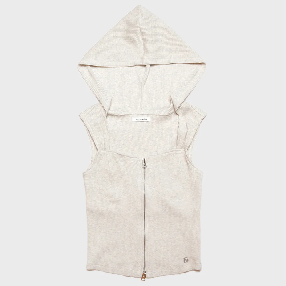 LUNA HOODED CROP 2WAY ZIP UP SLEEVELESS OATMEAL