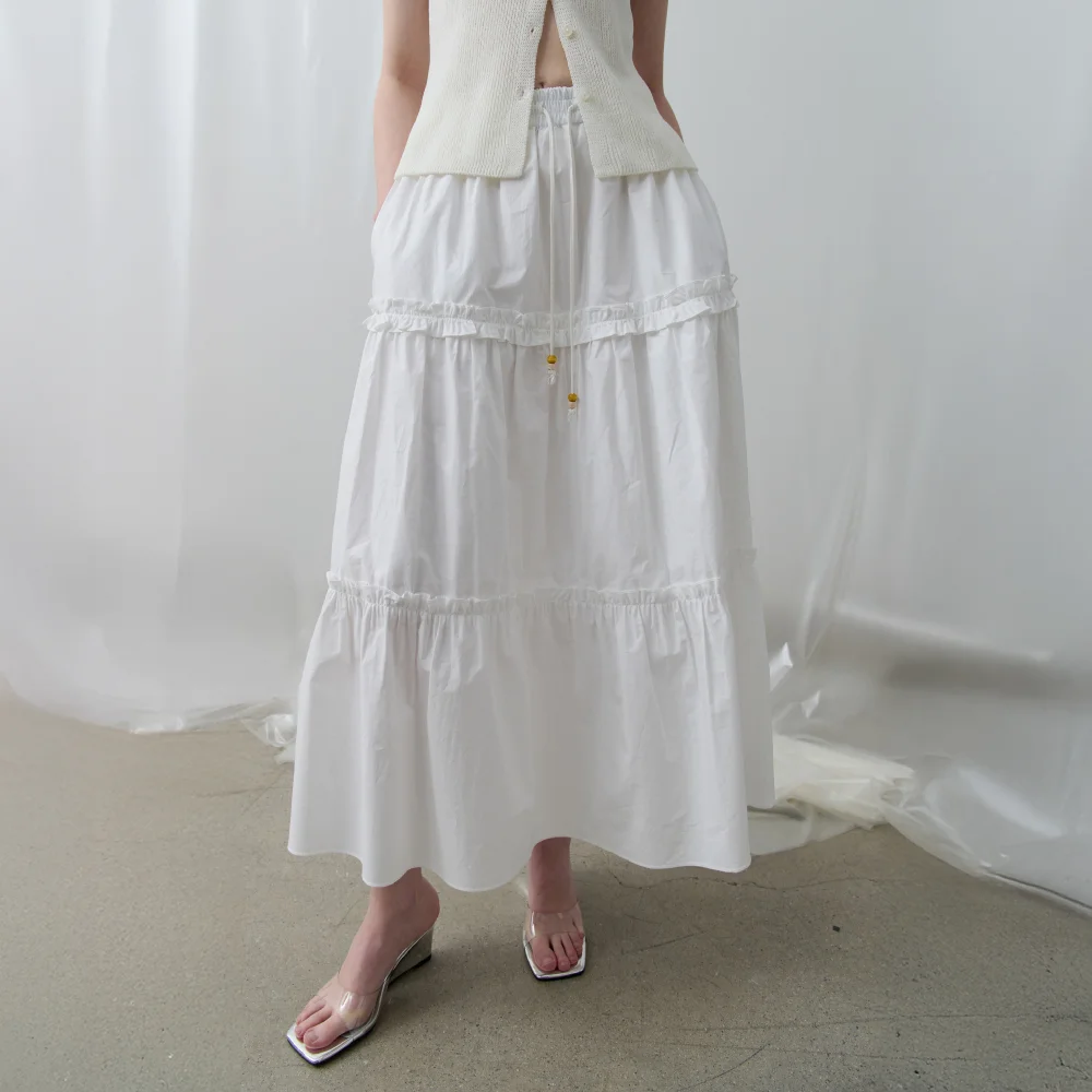 String Point Tiered Frill Long Skirt (Ivory)