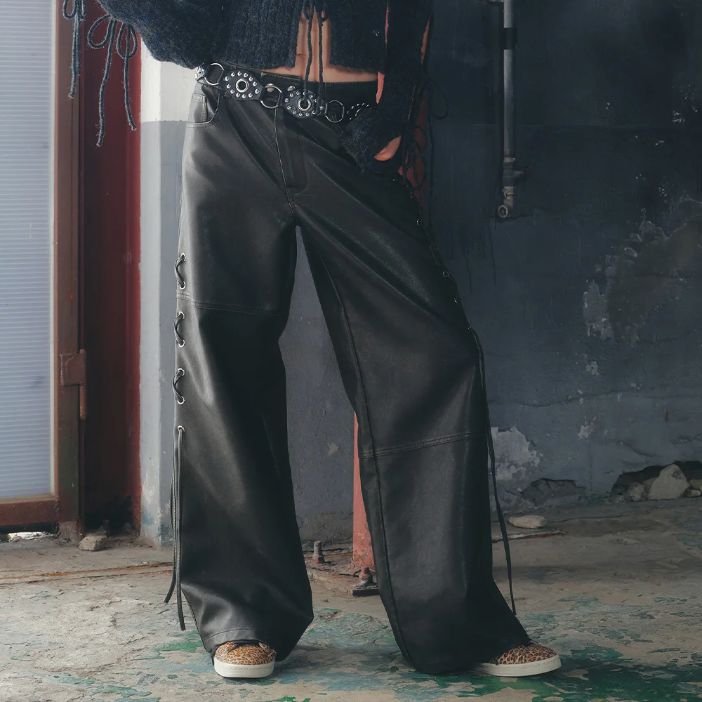 ECO LEATHER RIBBON POINT WIDE PANTS BLACK BQ4LP001