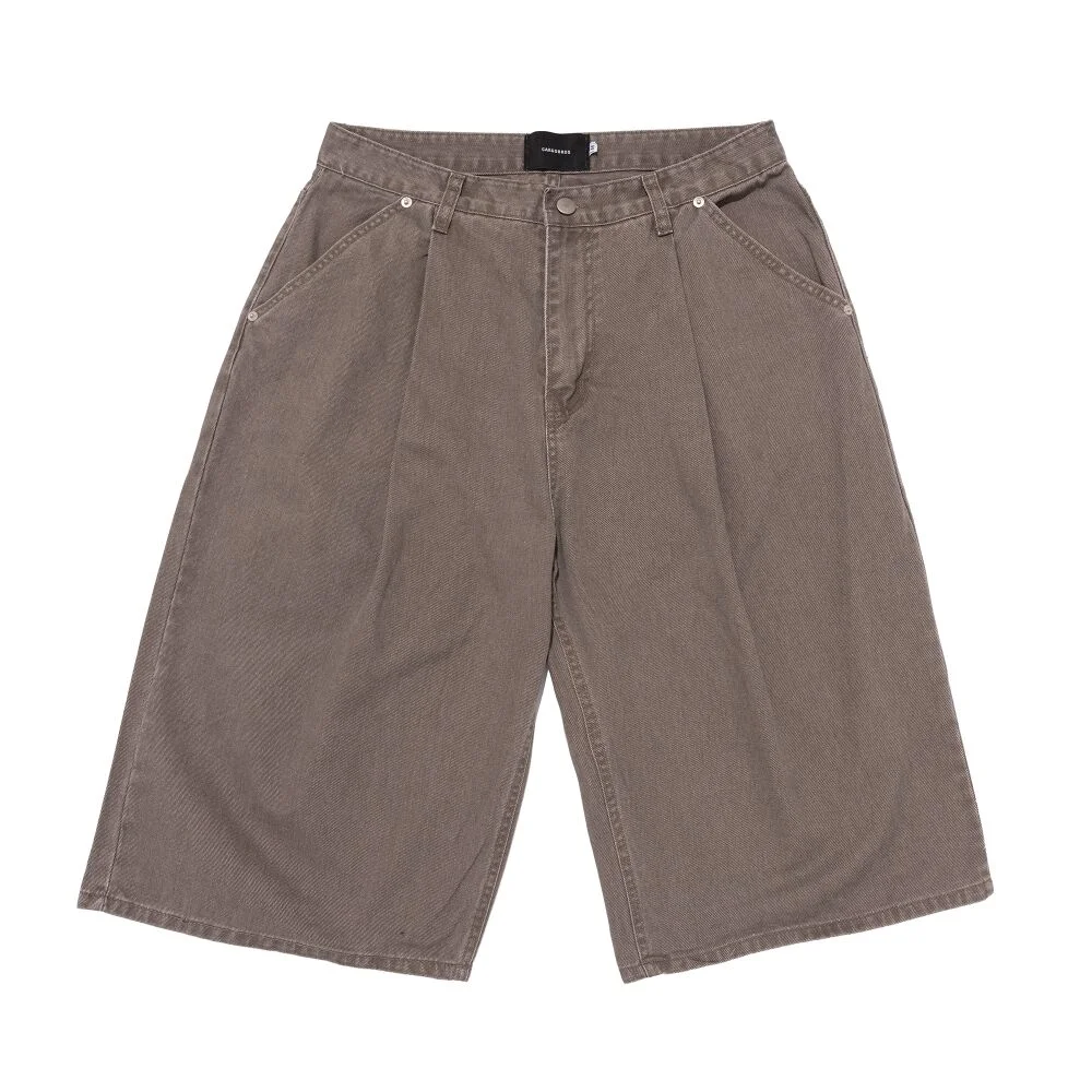 COTTON WIDE CURVED HALF DENIM PANTS (BROWN)