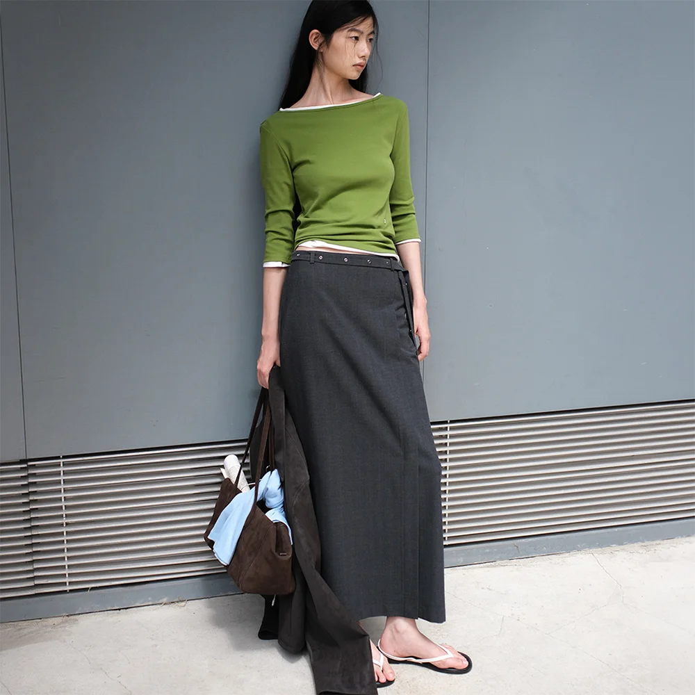 (SK-5125)EYELET BELTED STRIPE LOW RISE MAXI SKIRT S