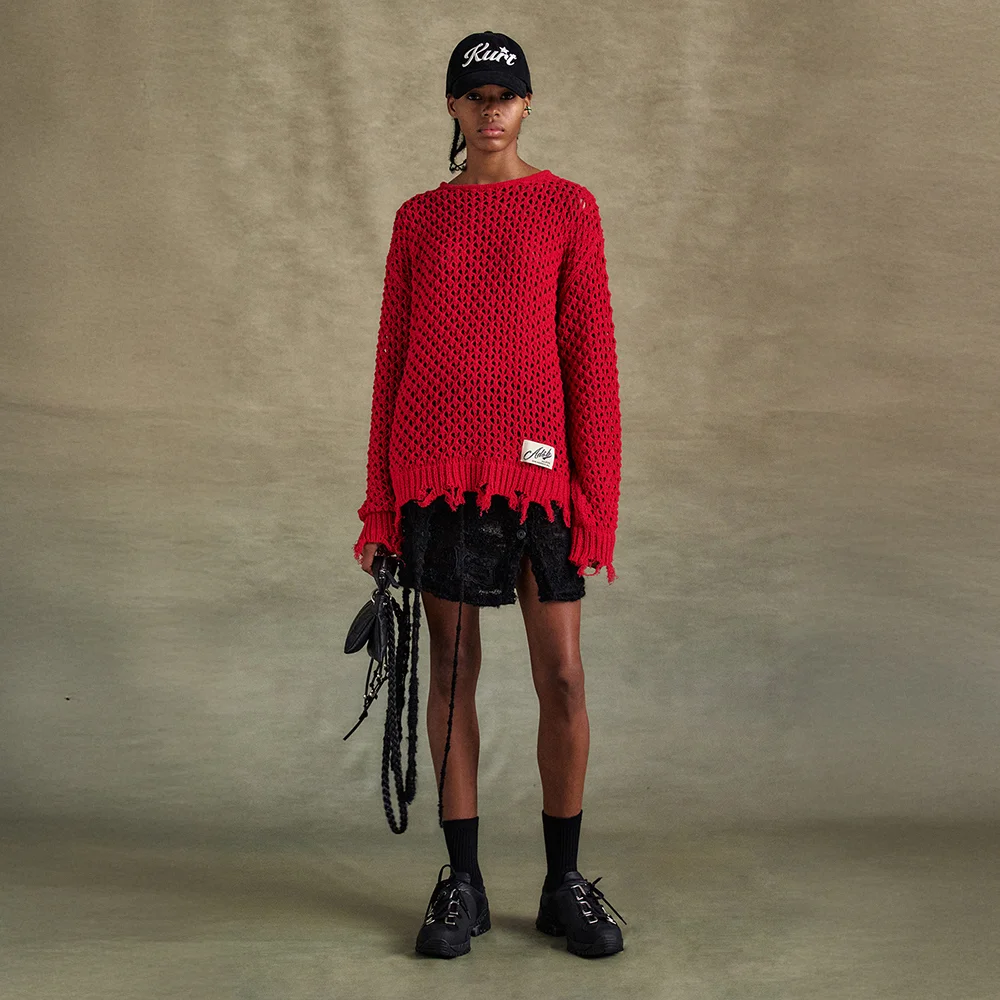 UNISEX DAMAGED BOATNECK SWEATER atb1240u(RED)